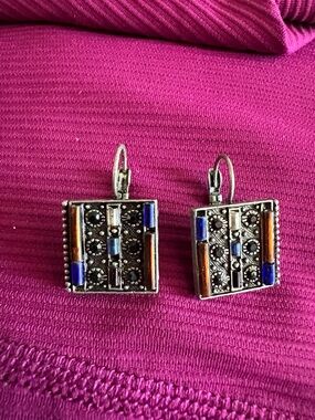 Handcrafted Geometric Silver-Tone Earrings with Blue and Brown Accents